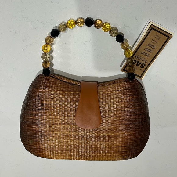 Le Sac Handmade Purse Buri palm tree rattan, straw cane woven style bag, NWT - Picture 2 of 13